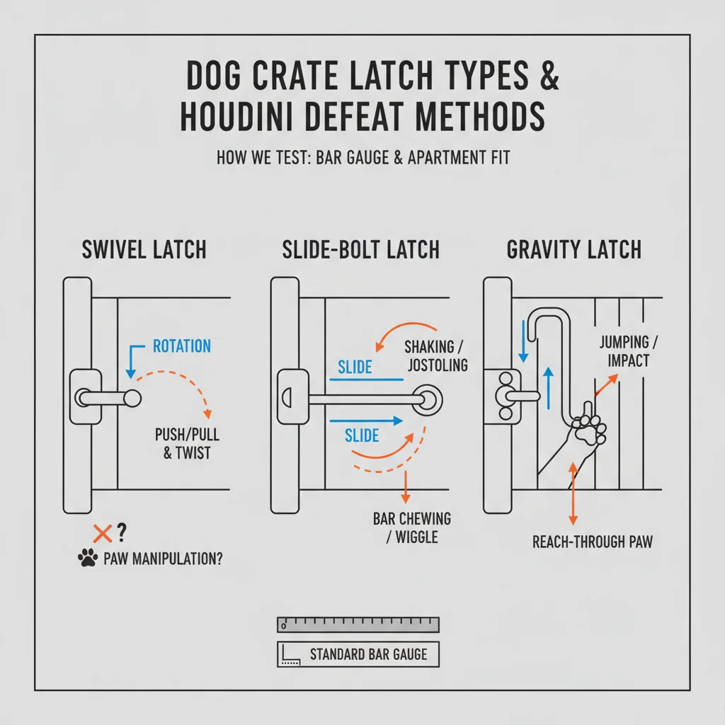 Side-by-side diagram of dog crate latch types with common Houdini defeat methods labeled