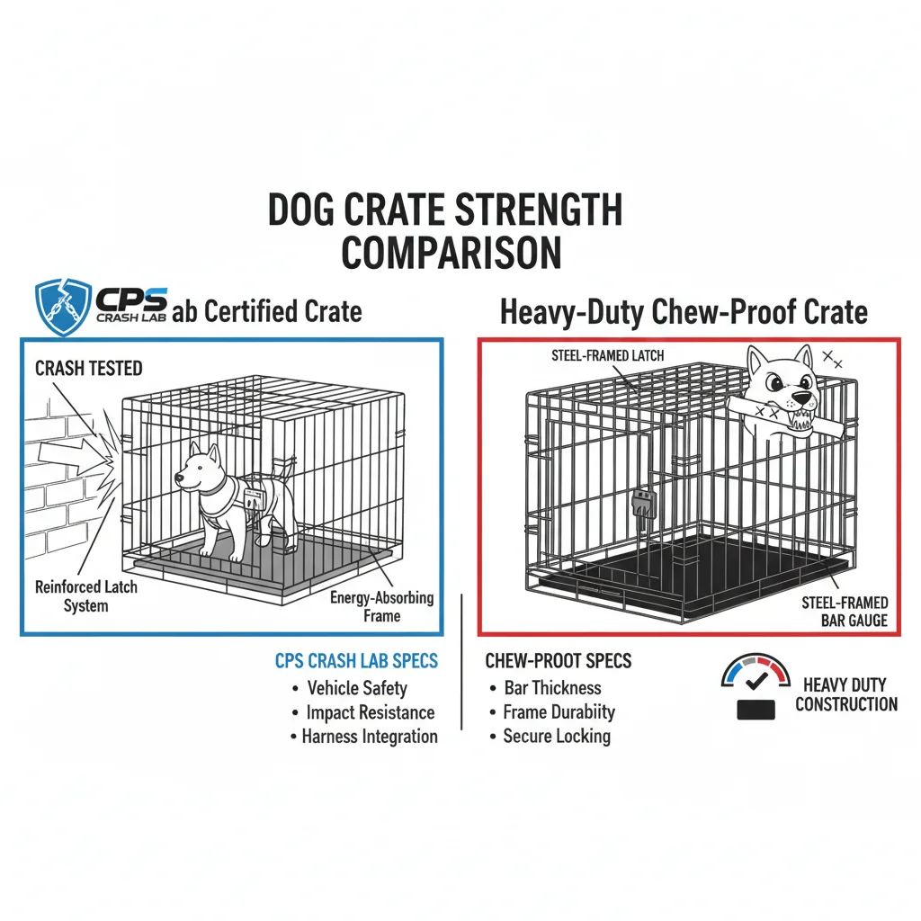 Diagram comparing crash tested dog crate vs heavy duty chew-proof specs: CPS crash lab versus bar gauge and framed latch