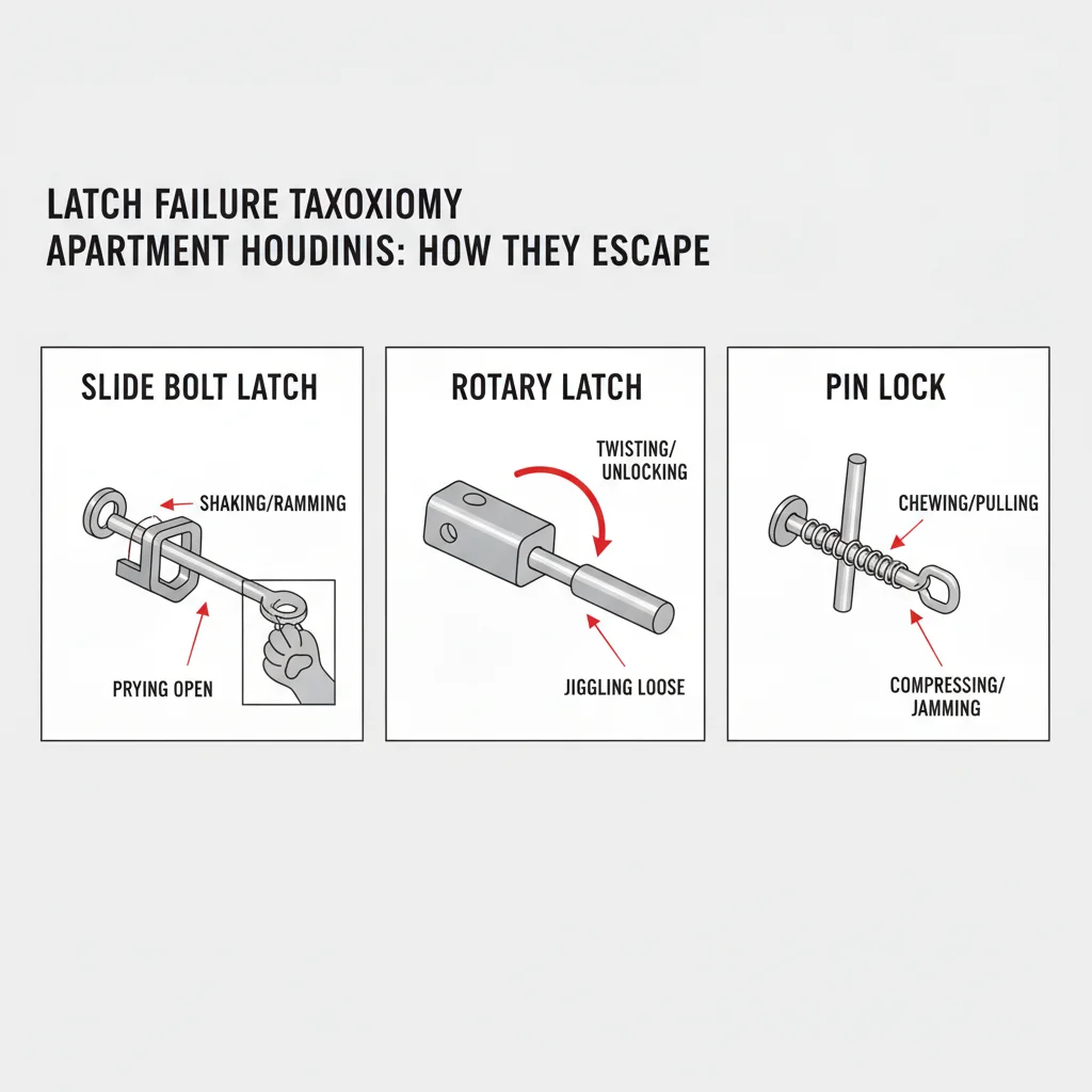 Diagram of dog crate latch types with labeled Houdini defeat methods for slide bolt rotary and pin locks