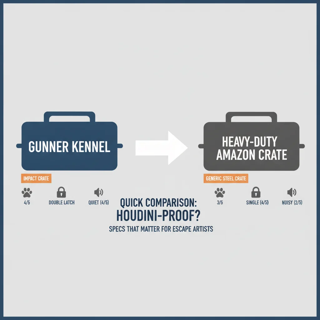 Comparison table of Gunner Impact and heavy-duty Amazon dog crates with latch type footprint and noise scores