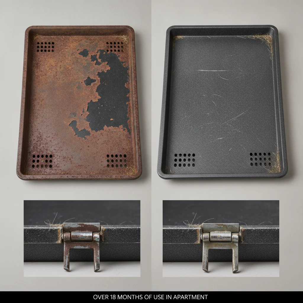 Side by side of heavy duty dog crate tray rust and hinge wear after eighteen months in an apartment