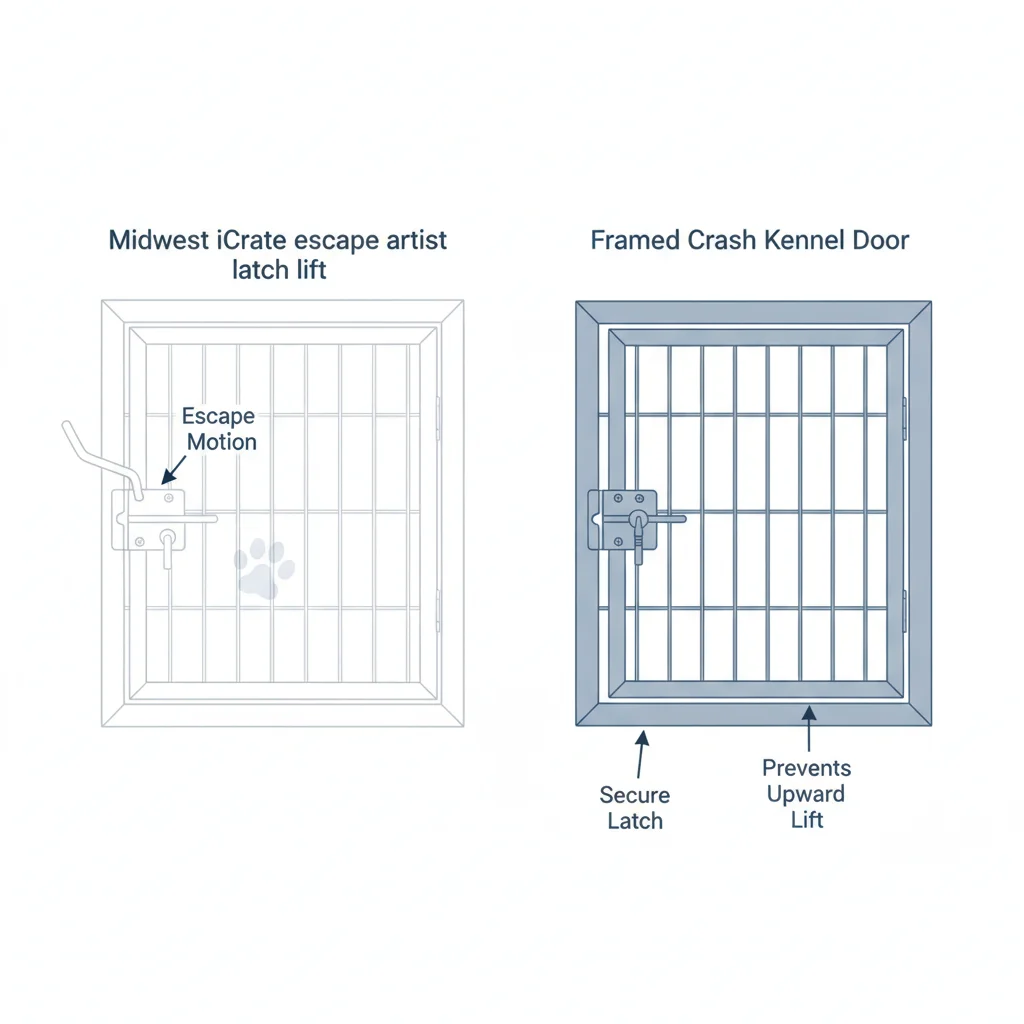 Diagram of Midwest iCrate escape artist latch lift versus a framed crash kennel door