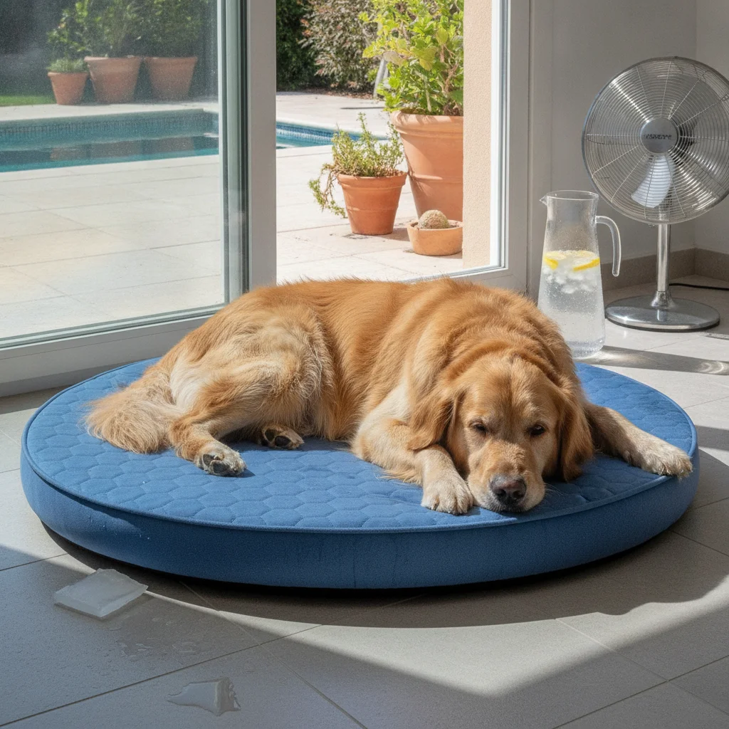 Large dog lying on a cooling gel orthopedic bed during hot summer weather.