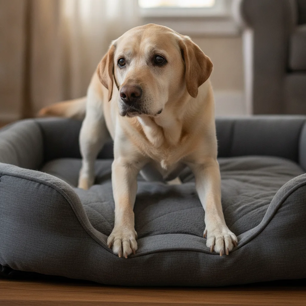 Close-up of a senior Labrador Retriever with gray muzzle trying to stand up from an orthopedic dog bed using the bolster edge for support.