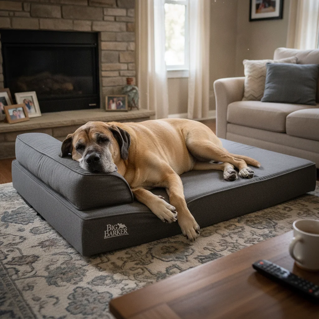 Big Barker 4 inch orthopedic dog bed with a large senior Mastiff comfortably lying on it in a living room.