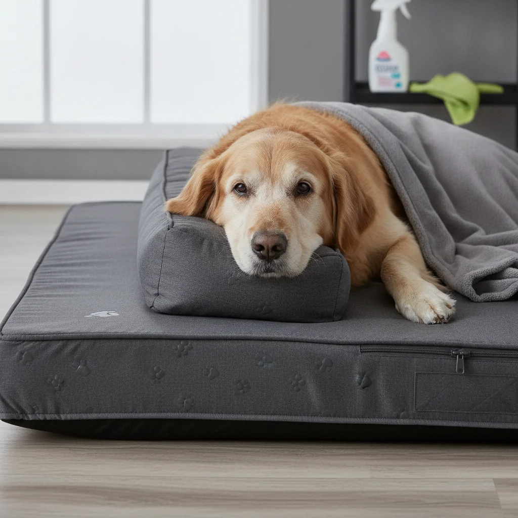 Senior dog on a waterproof orthopedic bed that can be easily cleaned.