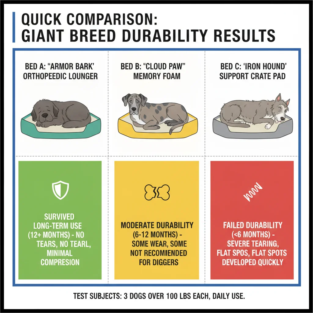 Comparison chart of three orthopedic dog beds tested with dogs over 100 lbs showing which ones survived long-term use.