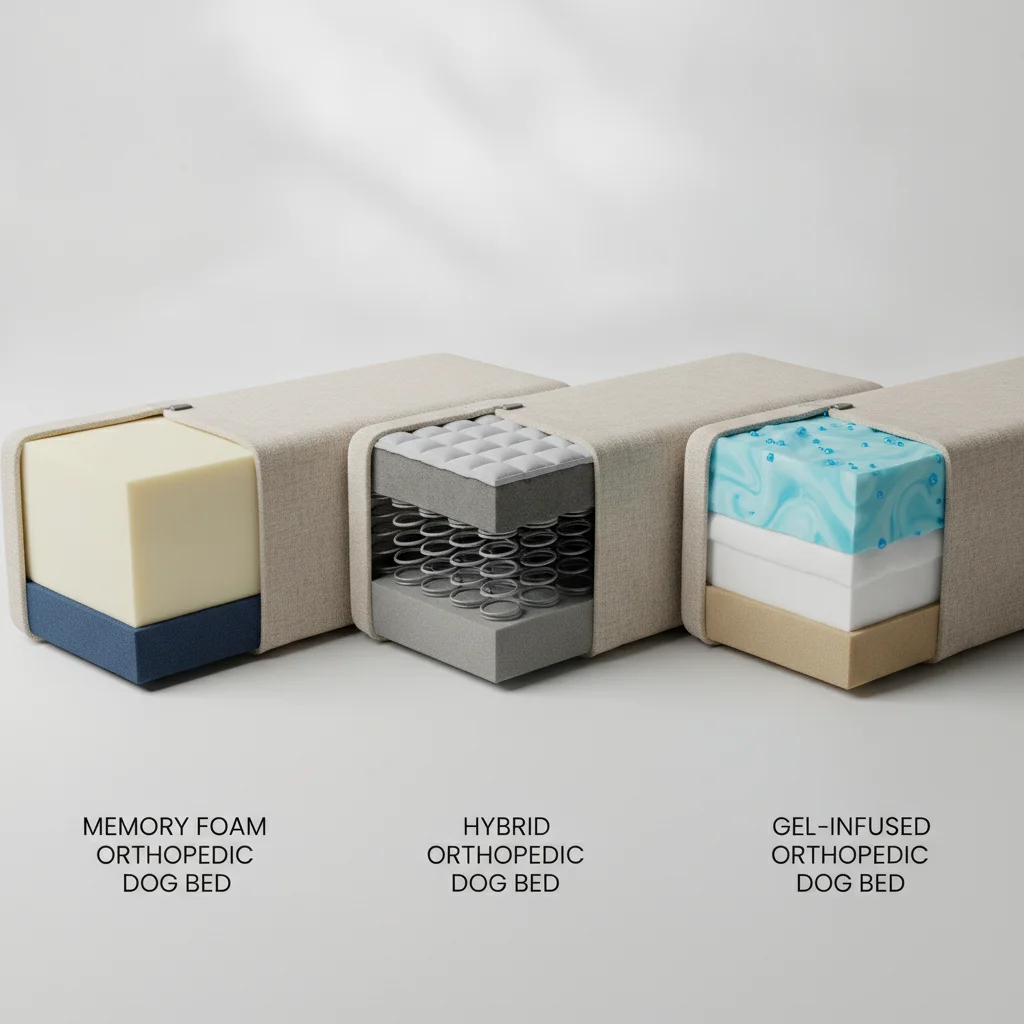 Cutaway comparison of memory foam, hybrid, and gel-infused orthopedic dog bed layers.
