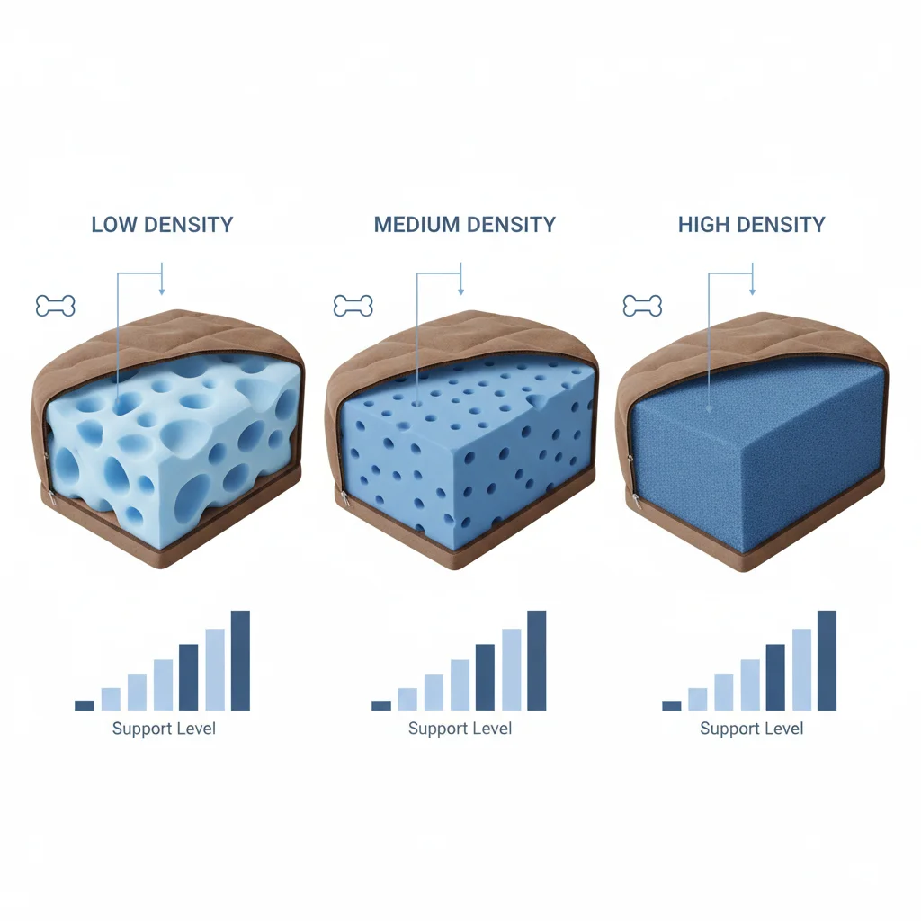 Cutaway view comparing foam density of three different orthopedic dog beds.