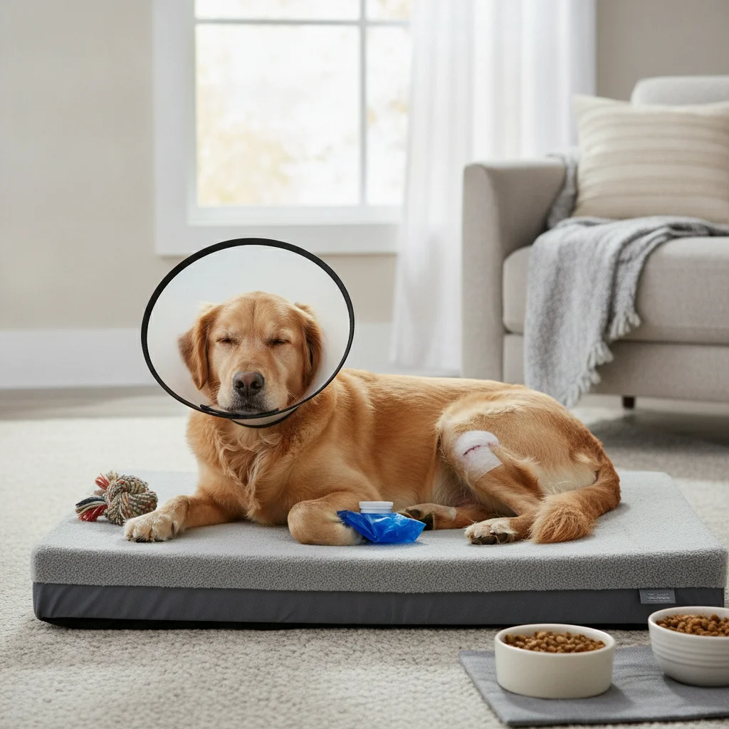 Dog recovering from knee surgery resting on a low orthopedic recovery bed.
