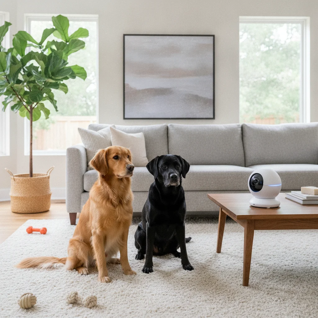 Two dogs looking at a rotating pet camera in a large living room.