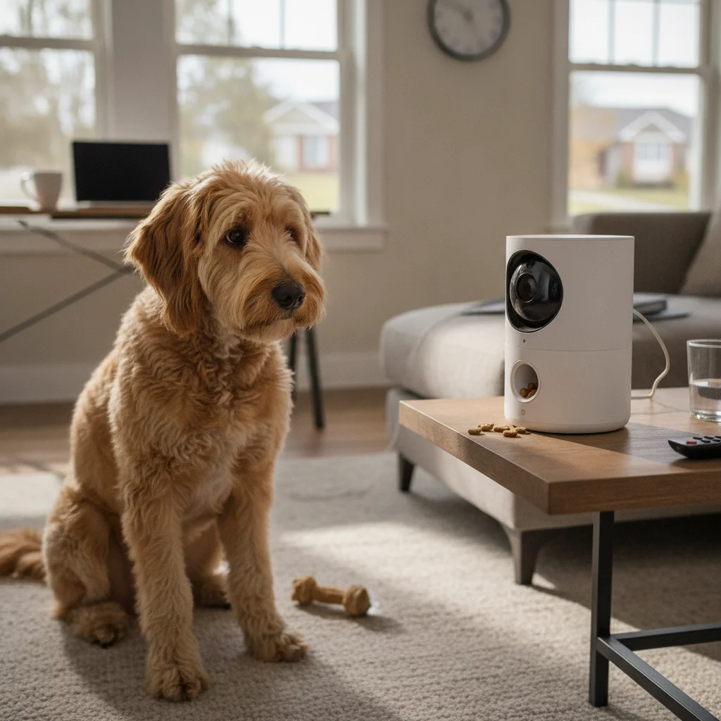 Anxious dog watching a treat-dispensing pet camera on a living room shelf during a weekday alone-time session.