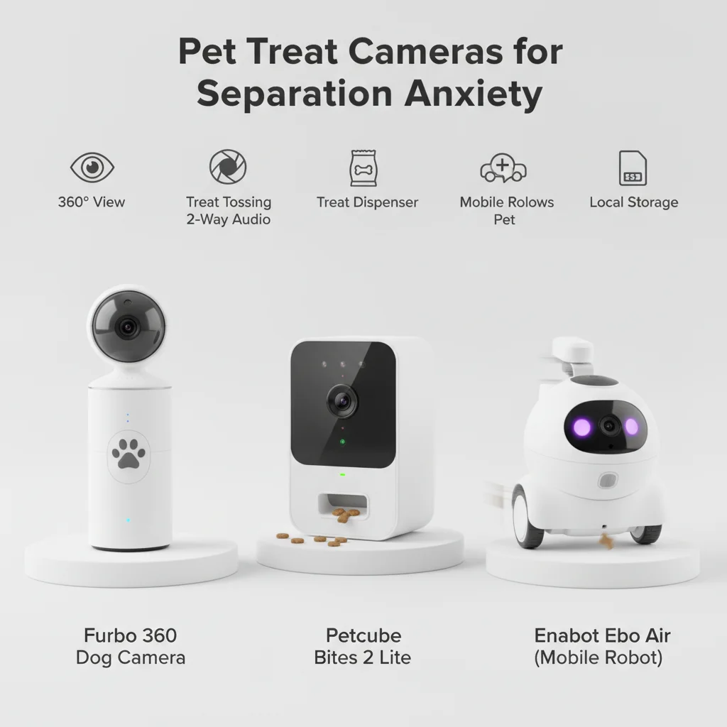 Side-by-side comparison of Furbo 360, Petcube Bites 2, and Enabot treat cameras for separation anxiety use cases.