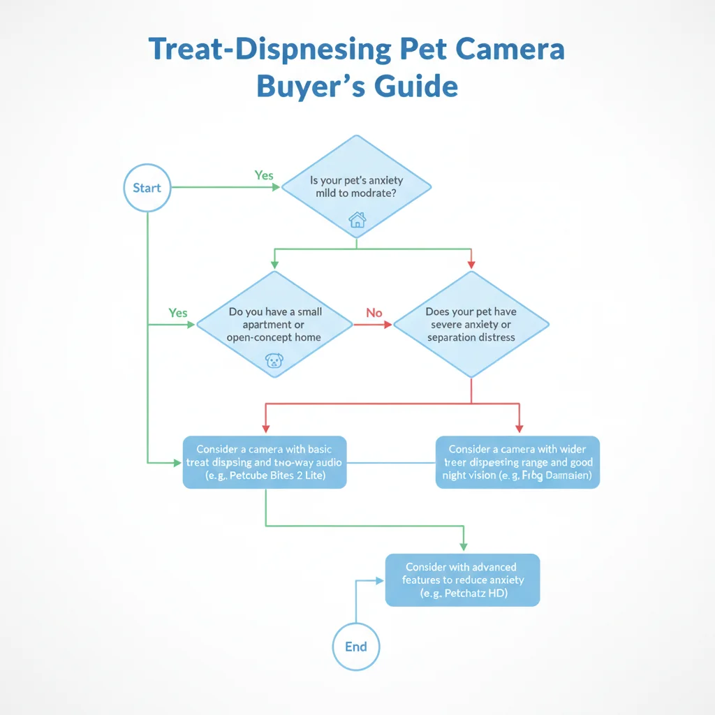 Decision flowchart showing which treat-dispensing pet camera to buy based on anxiety severity and home layout.