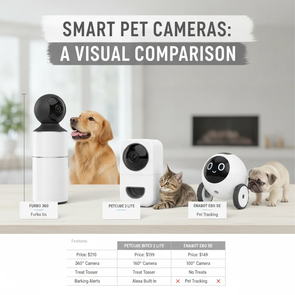 Comparison table of Furbo 360, Petcube Bites 2, and Enabot EBO SE treat-dispensing pet cameras with price, features, and test scores.