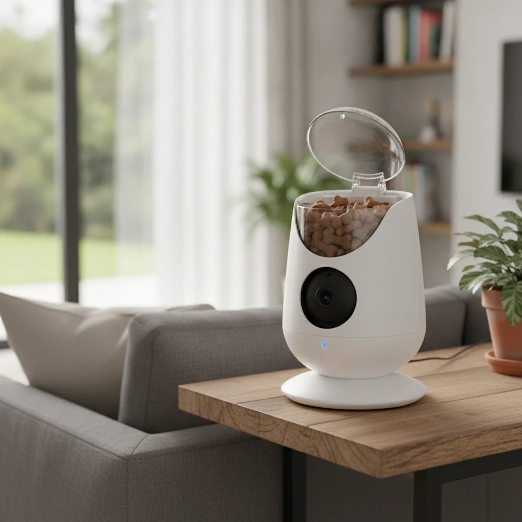 Furbo 360 pet camera mounted on a shelf in a living room, showing the treat dispenser mechanism.
