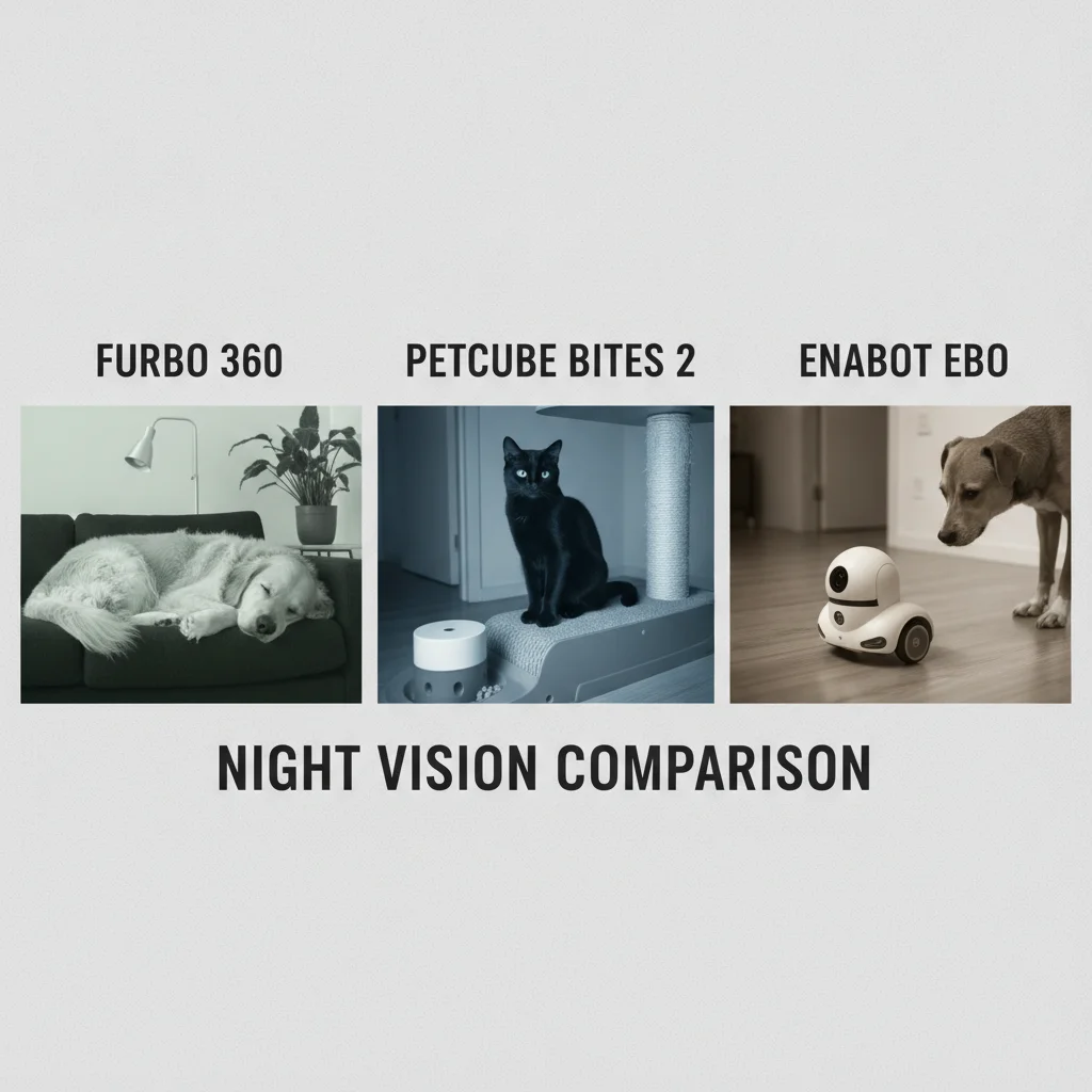 pet camera night vision comparison stills of Furbo 360, Petcube Bites 2, and Enabot EBO in the same dark living room
