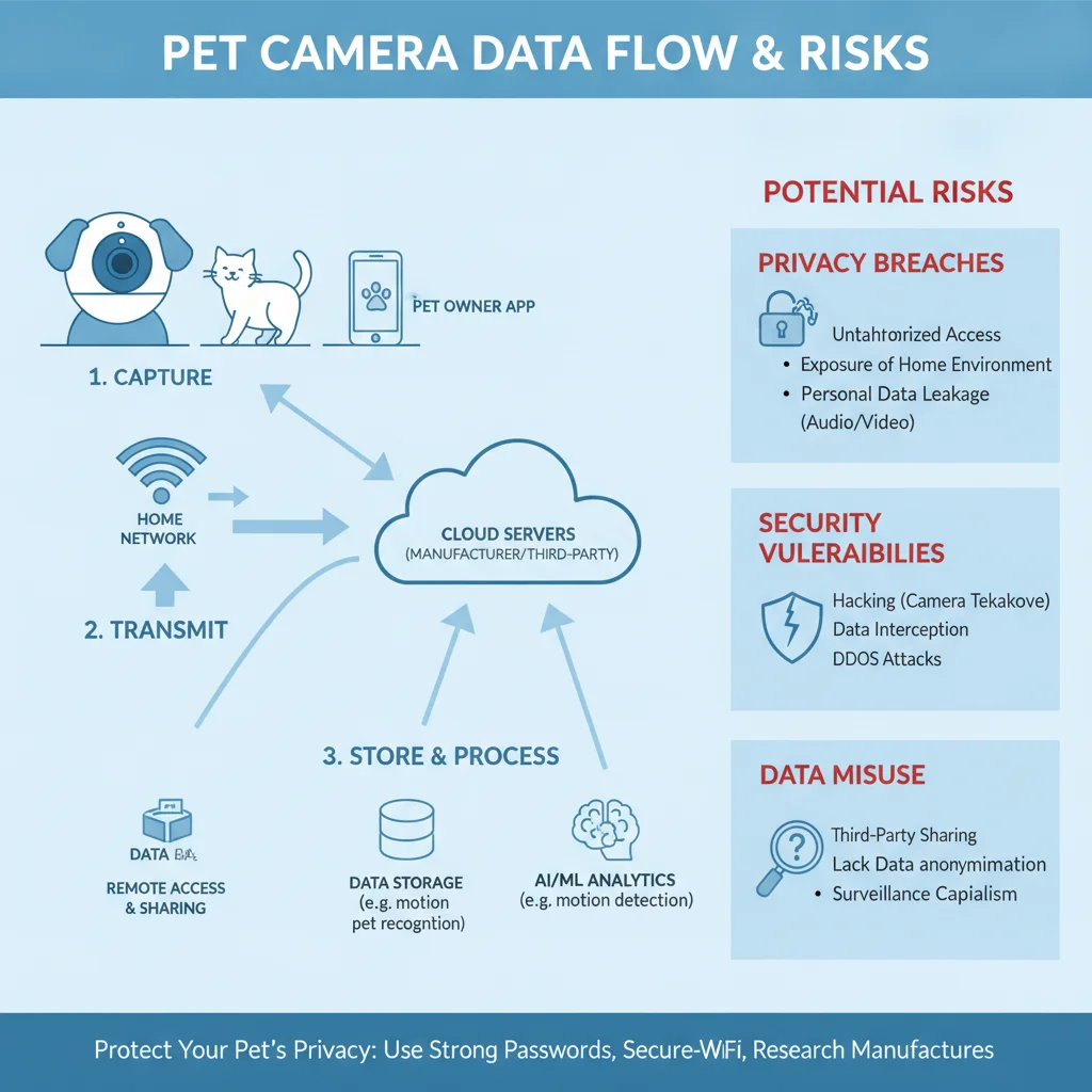 Infografik zum Datenfluss von Haustierkameras in die Cloud und Risiken.