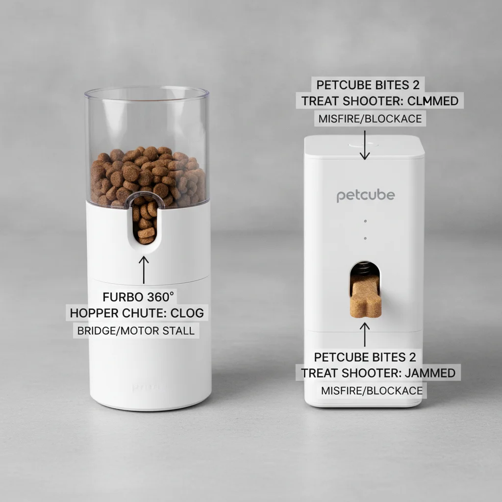pet camera treat dispenser jamming comparison of Furbo 360 hopper chute versus Petcube Bites 2 treat shooter