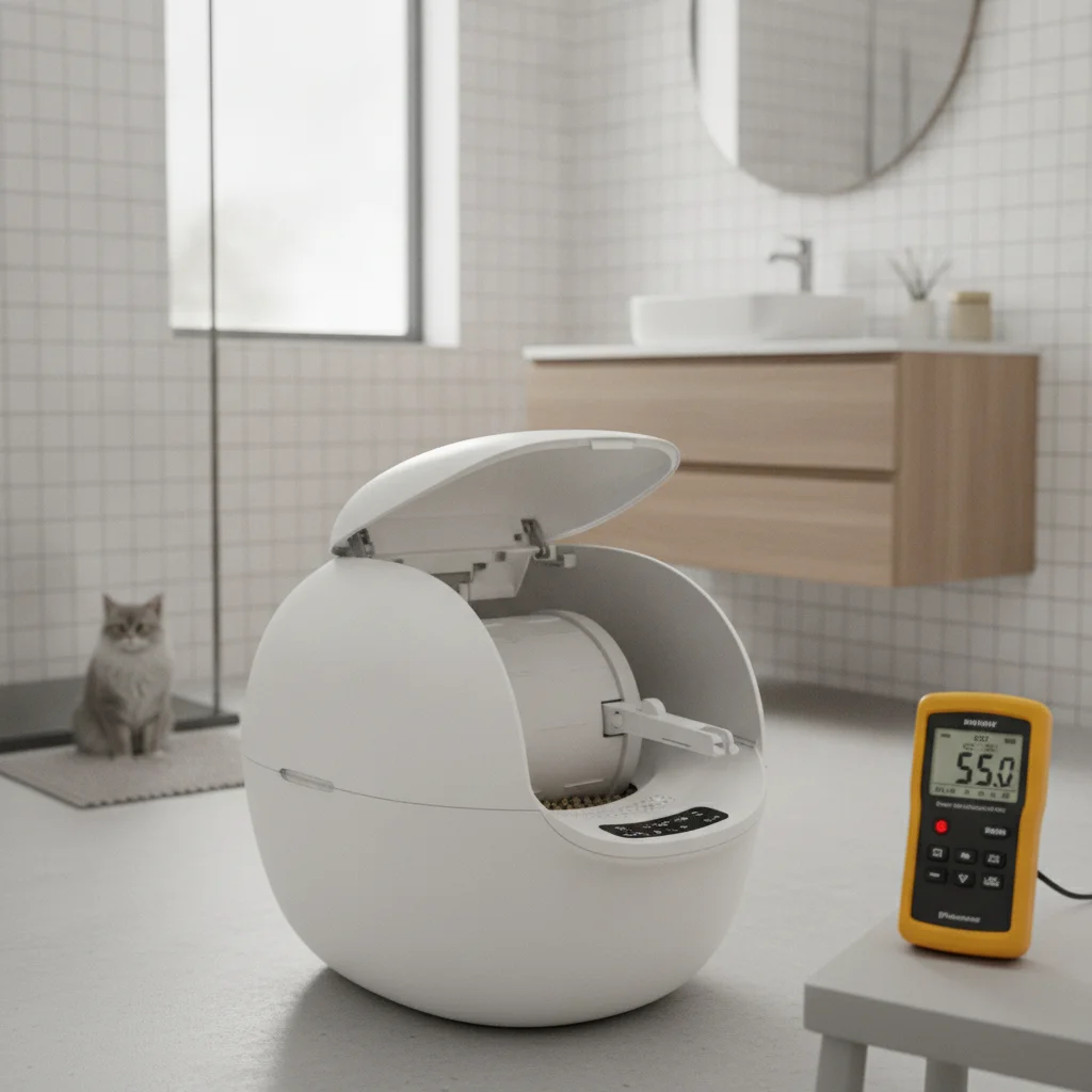 Petkit Pura X in a small apartment bathroom with a sound meter during cleaning.