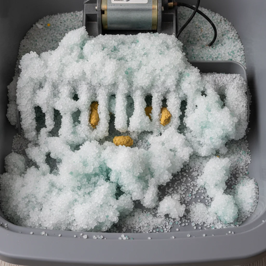 Crystal litter clogging the rake inside an automatic litter box.