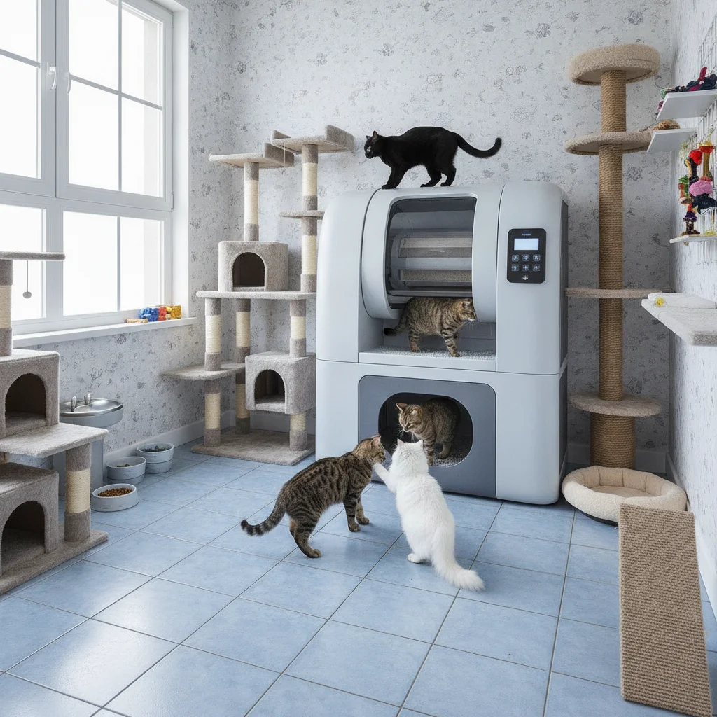 Several cats using a large self-cleaning litter box system in a dedicated room.