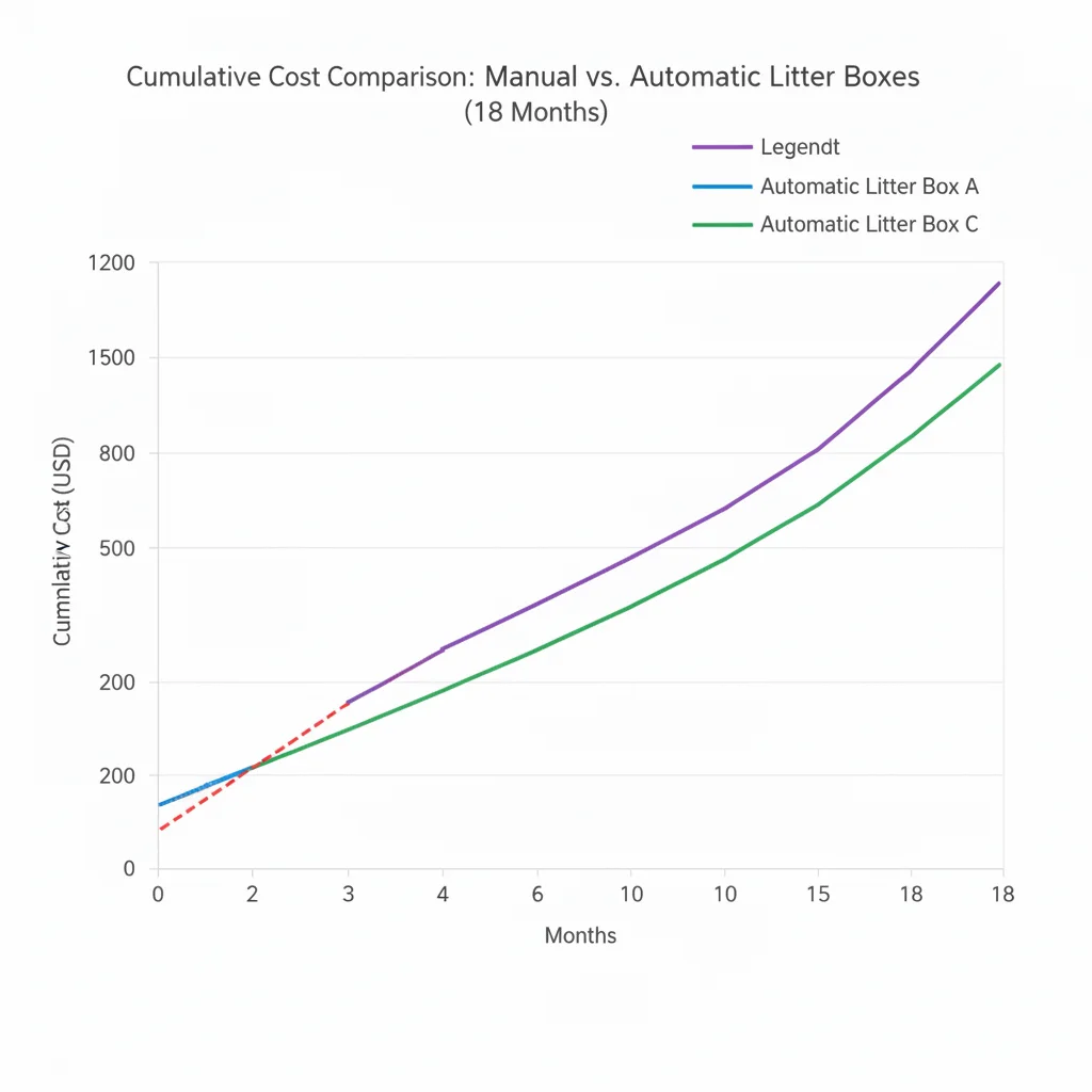 Line chart showing cumulative costs of manual vs three automatic litter boxes over 18 months.