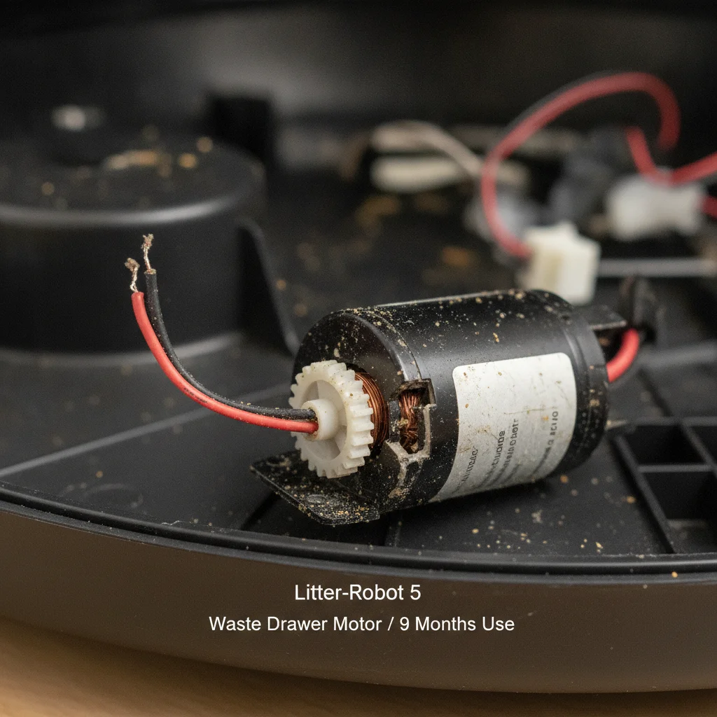 Close-up of the failed waste drawer motor on the Litter-Robot 5 that required replacement after 9 months.