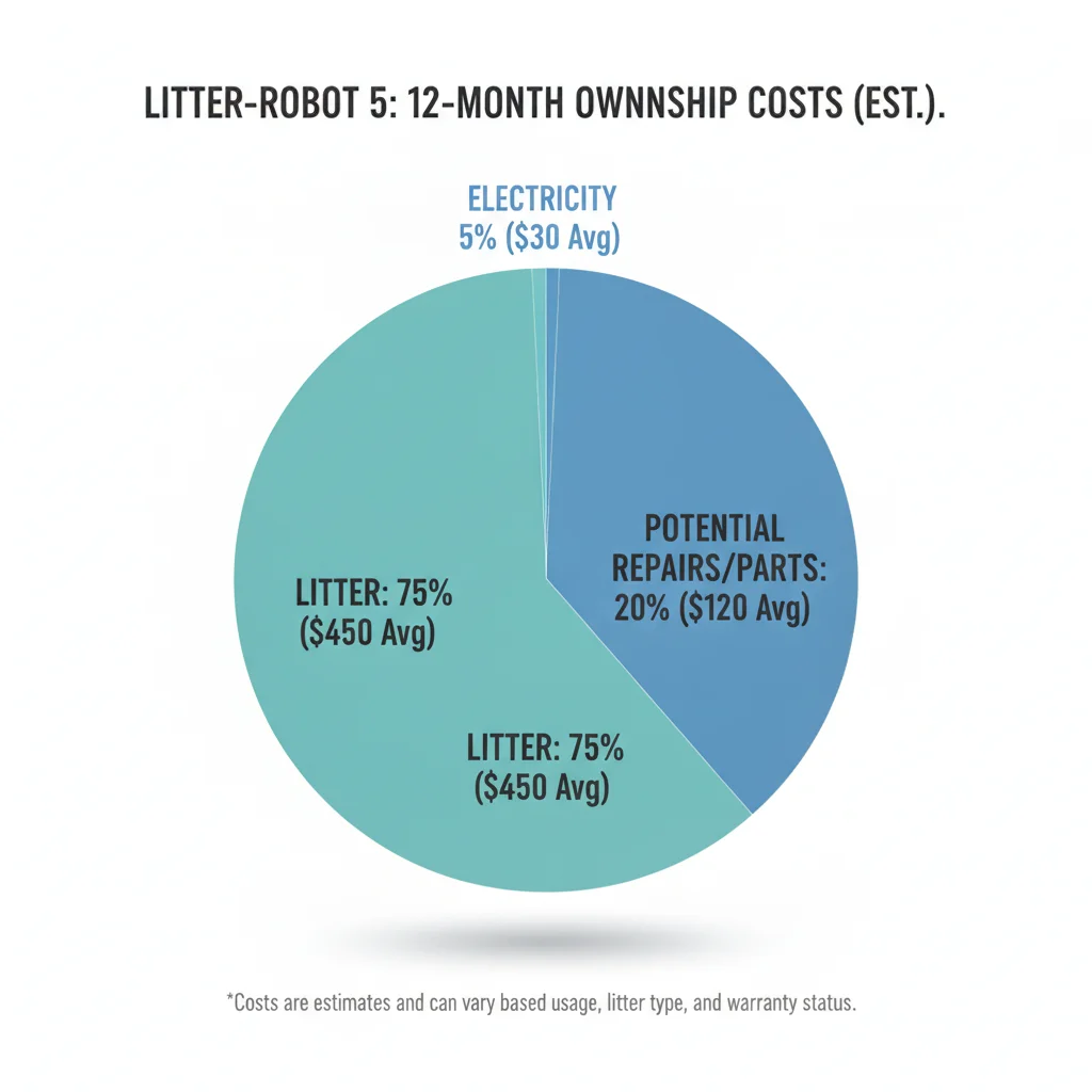 Pie chart breaking down the real 12-month ownership costs of the Litter-Robot 5 including litter, electricity, and repairs.