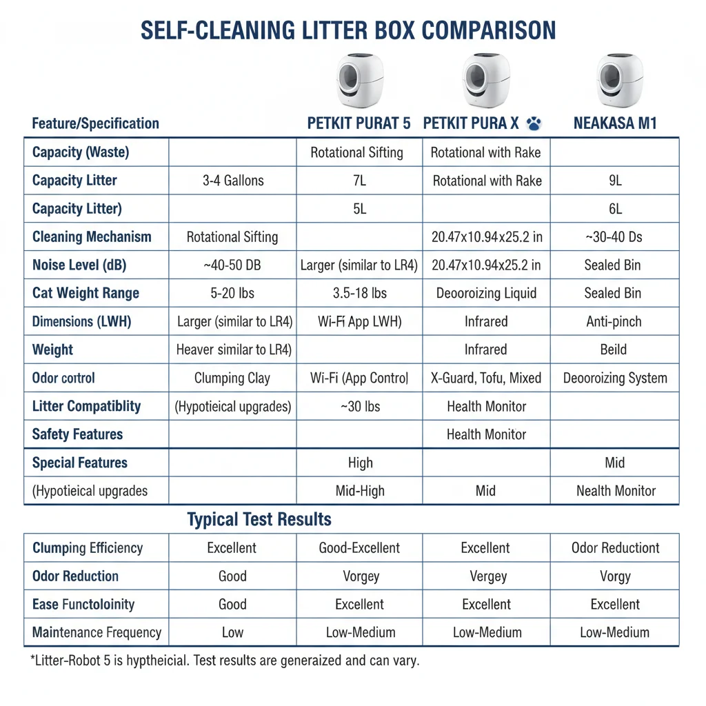 Side-by-side comparison table showing specifications and test results for the Litter-Robot 5, Petkit Pura X, and Neakasa M1 self-cleaning litter boxes.