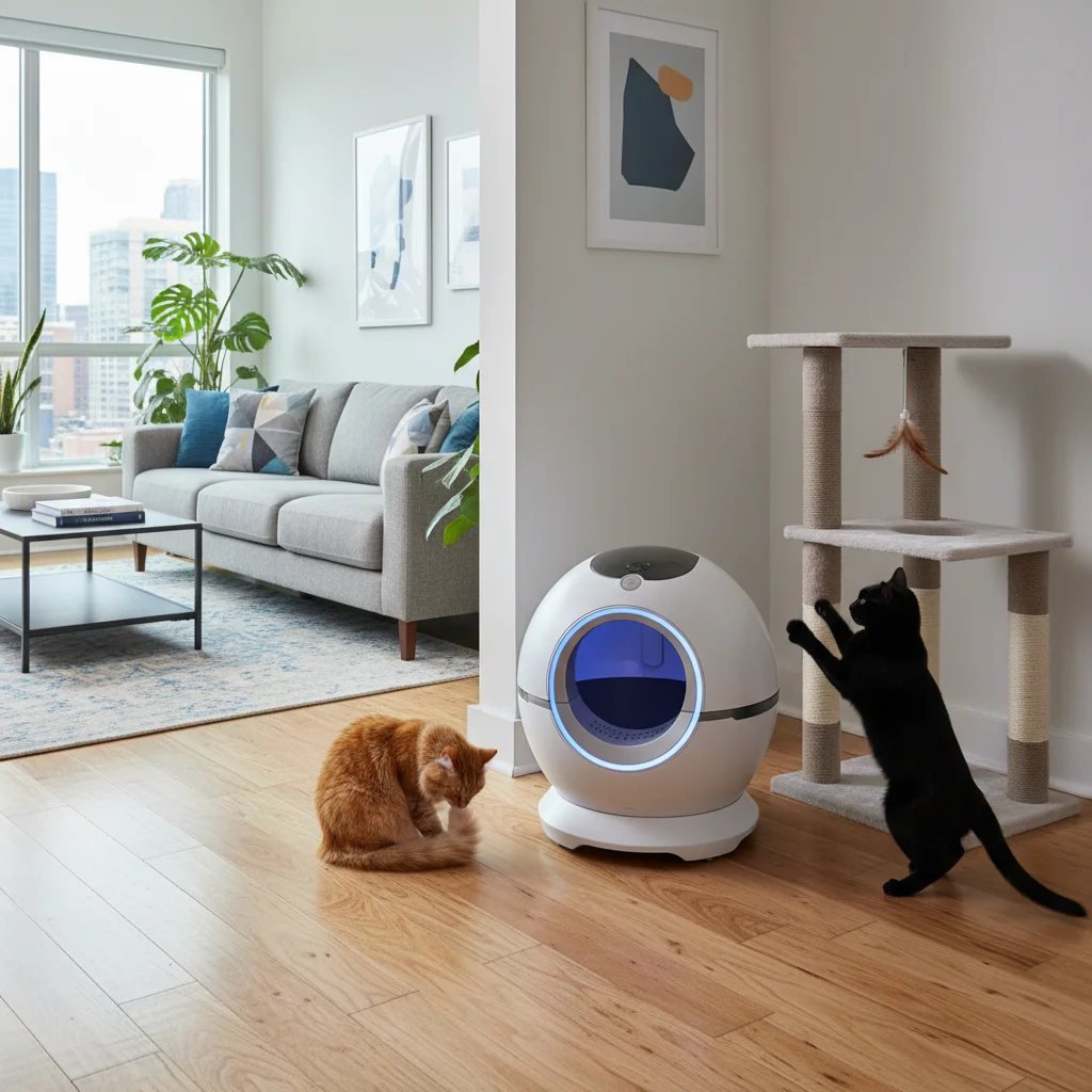 The Litter-Robot 5 automatic litter box installed in a modern apartment with two cats nearby on a light wood floor.