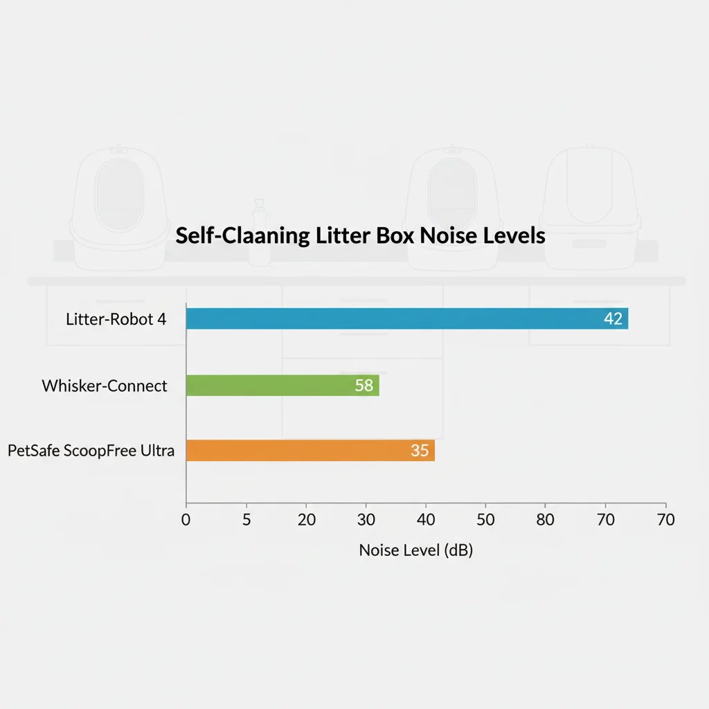 Bar chart comparing the noise levels in decibels of the three self-cleaning litter boxes during a full cleaning cycle.