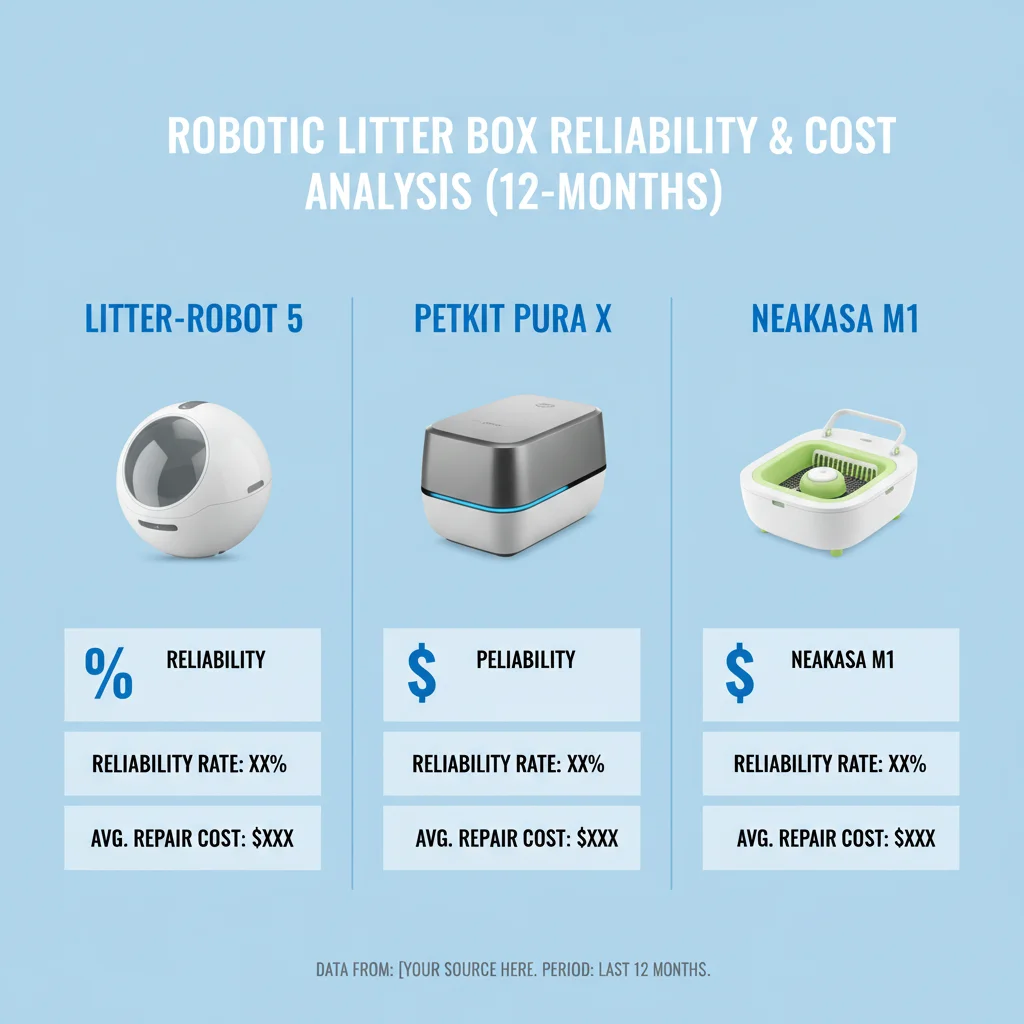 Infographic showing 12-month reliability rates and average repair costs for Litter-Robot 5, Petkit Pura X, and Neakasa M1.