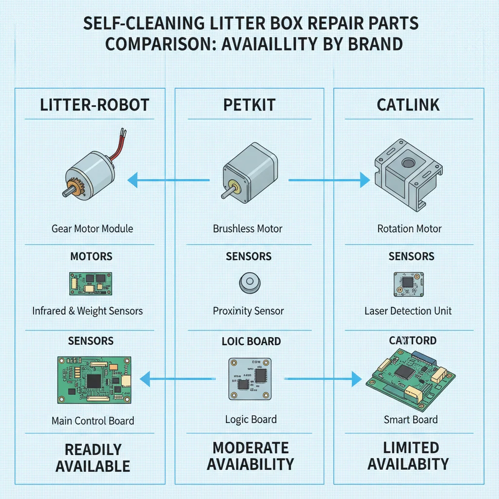 Self-cleaning litter box repair parts comparison showing motors sensors and control boards by brand