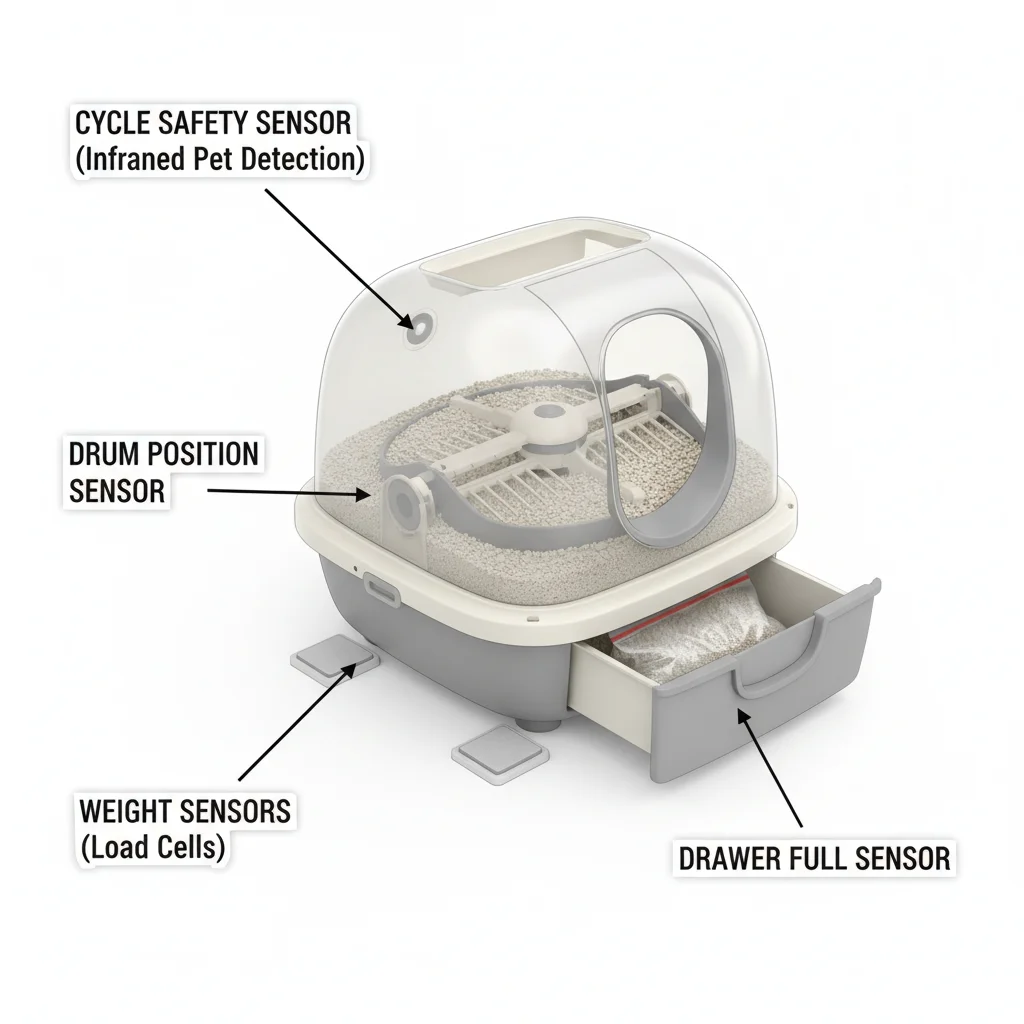 Diagram of automatic litter box sensor locations for weight drawer and cycle safety sensors